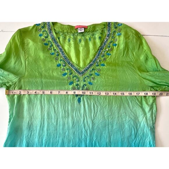 Glam Souls Tunic Top Women S/M Blue Green Silk Boho Beads Beach Resortwear Slit - Picture 4 of 10